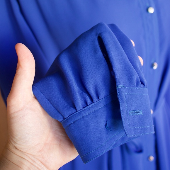 Vintage I. Magnin Blue Long Sleeve Midi Shirt Dress Jewel Buttons Woman's Size L - Picture 7 of 16